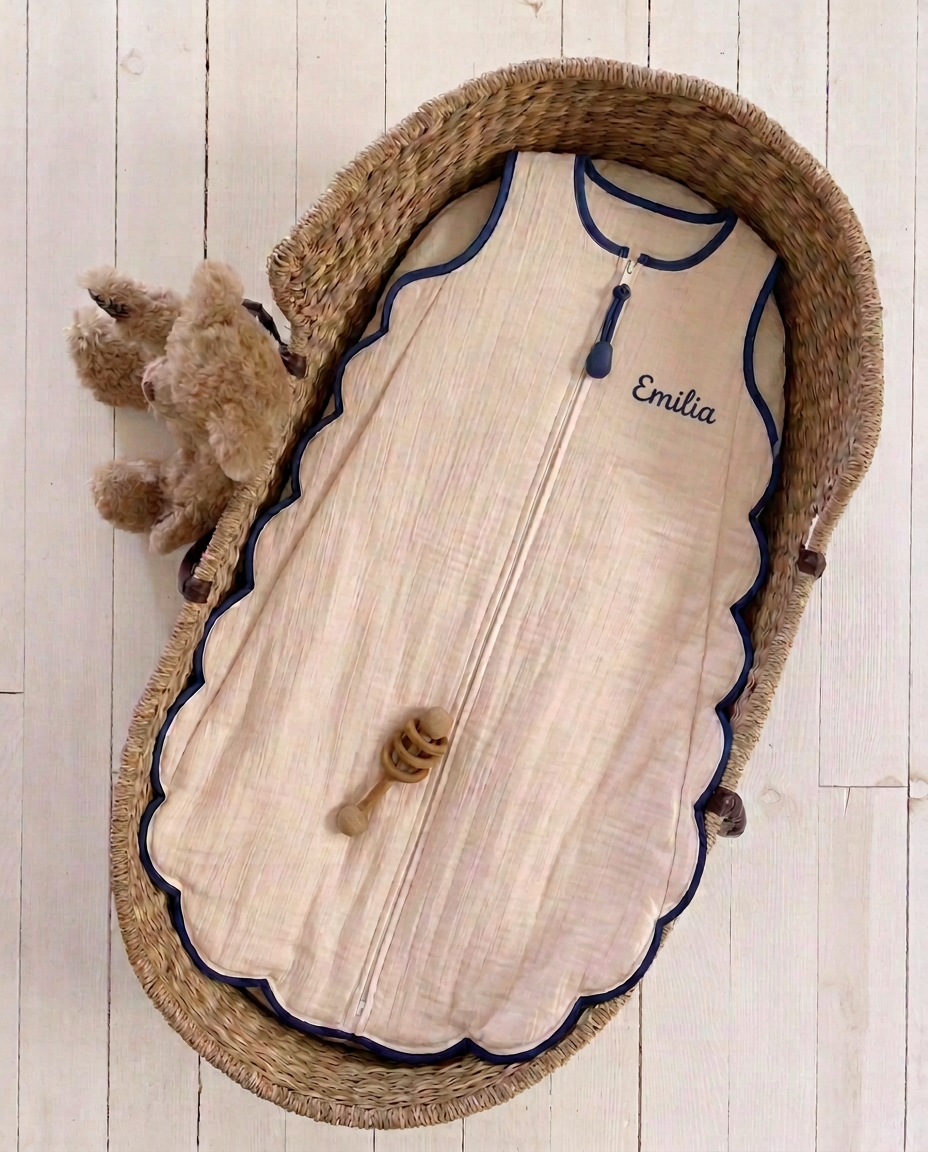 Beigener Musselin Babyschlafsack mit besticktem Namen im Weidenkorb