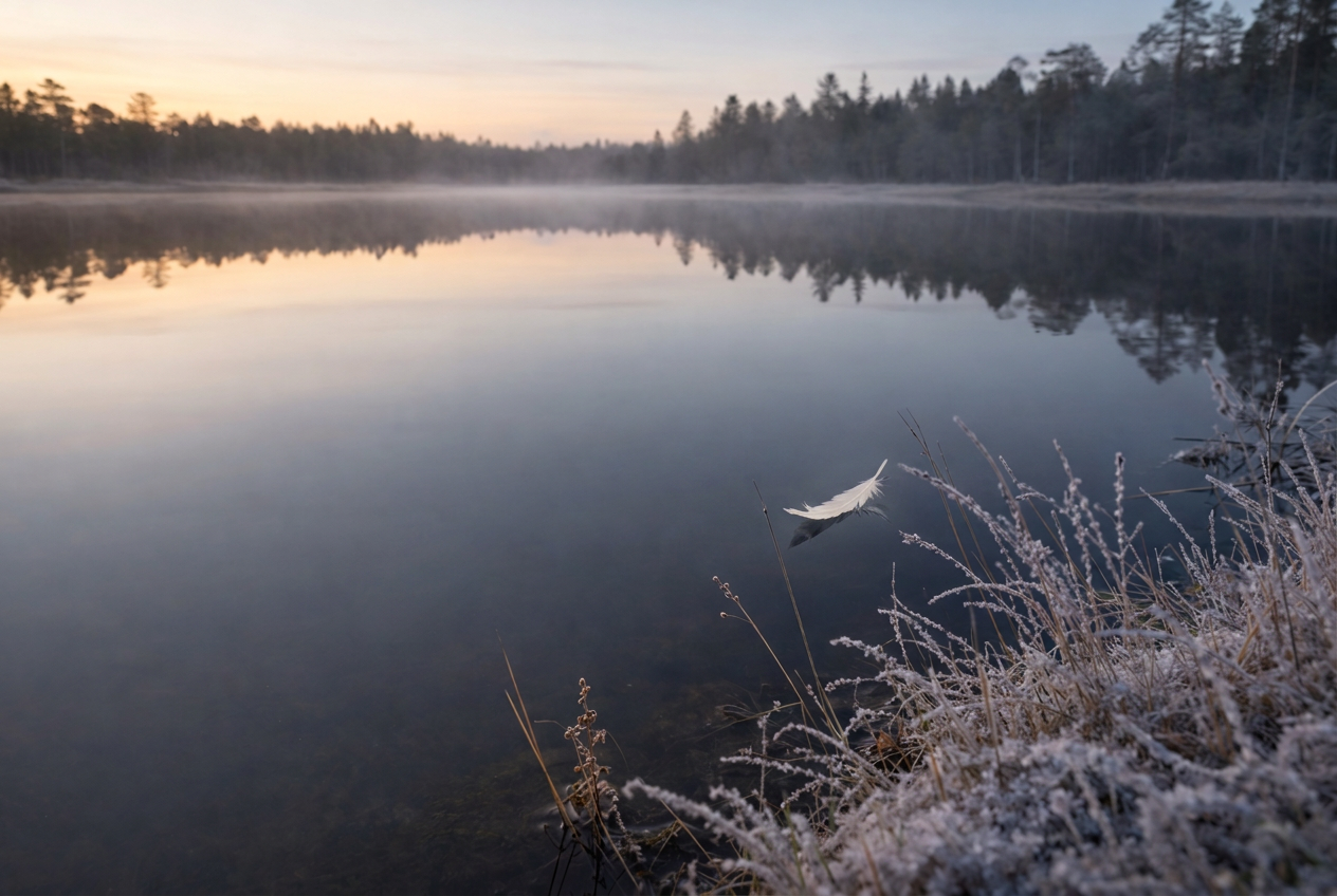 Weiße Feder auf einem ruhigen, nebligen See in der Morgendämmerung